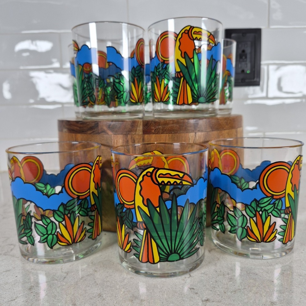 Vintage 1991 Grainware HLB Toucan Acrylic Tumblers Set 8 Bloomingdale's